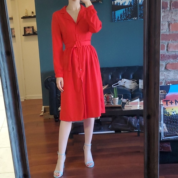 vera moda Dresses & Skirts - Red midi shirt dress with Fabric covered belt
